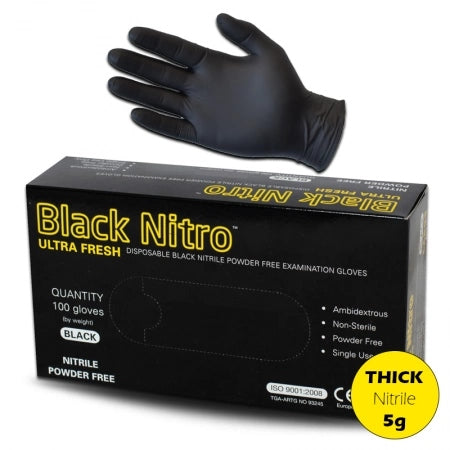 100pc Ultra Fresh Disposable Black Nitrile Gloves Powder Free 5.5g