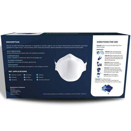 40 x PPE Tech Australian Made 4-Layer Tri-Fold P2 Face Masks with Headbands