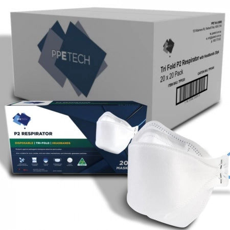40 x PPE Tech Australian Made 4-Layer Tri-Fold P2 Face Masks with Headbands