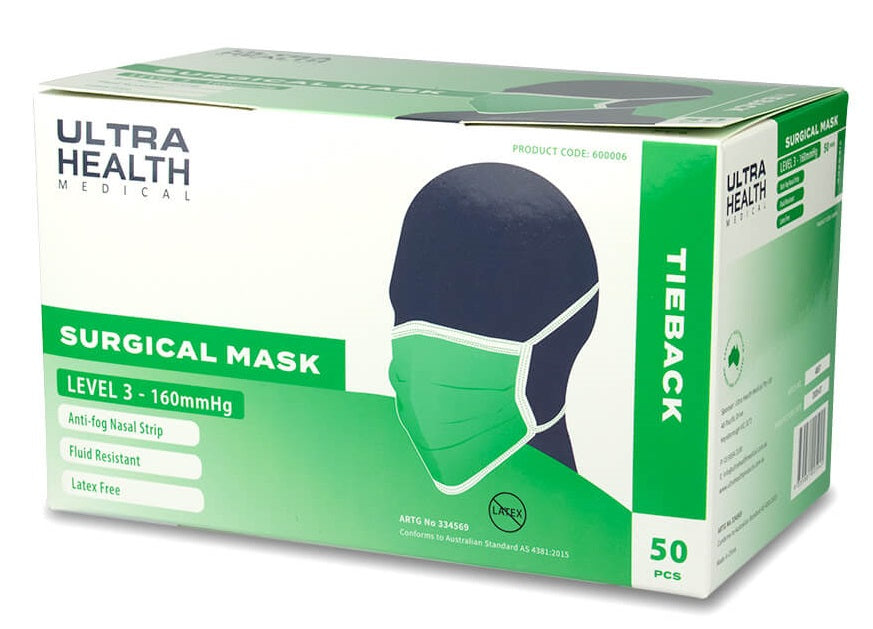 Ultra Health Surgical Face Masks Level 3 Anti-Fog TIEBACK TGA Approved - 50 Pack