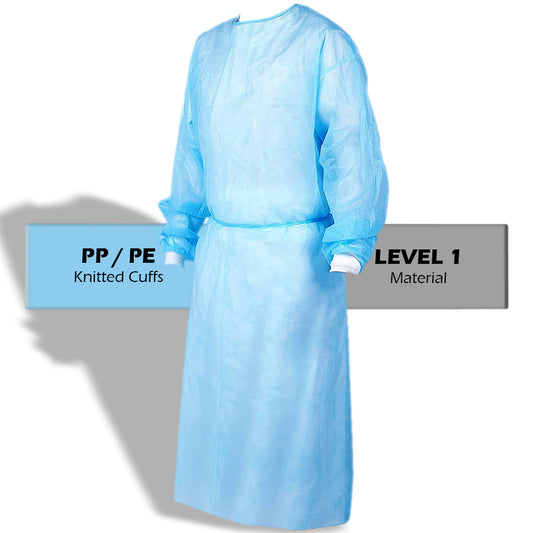MasterMed PP/PE Clinical Blue Isolation Level 1 Medical Gowns Knitted Cuff & Tie Back TGA approved