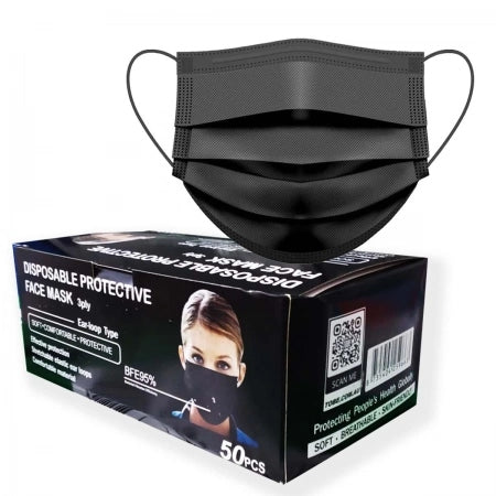3ply Classic Black Face Mask with Ear Loops Anti Fog ~ Box of 50
